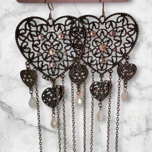 Vintage Filigree Heart Statement Earrings with Crystal and Chain Fringe